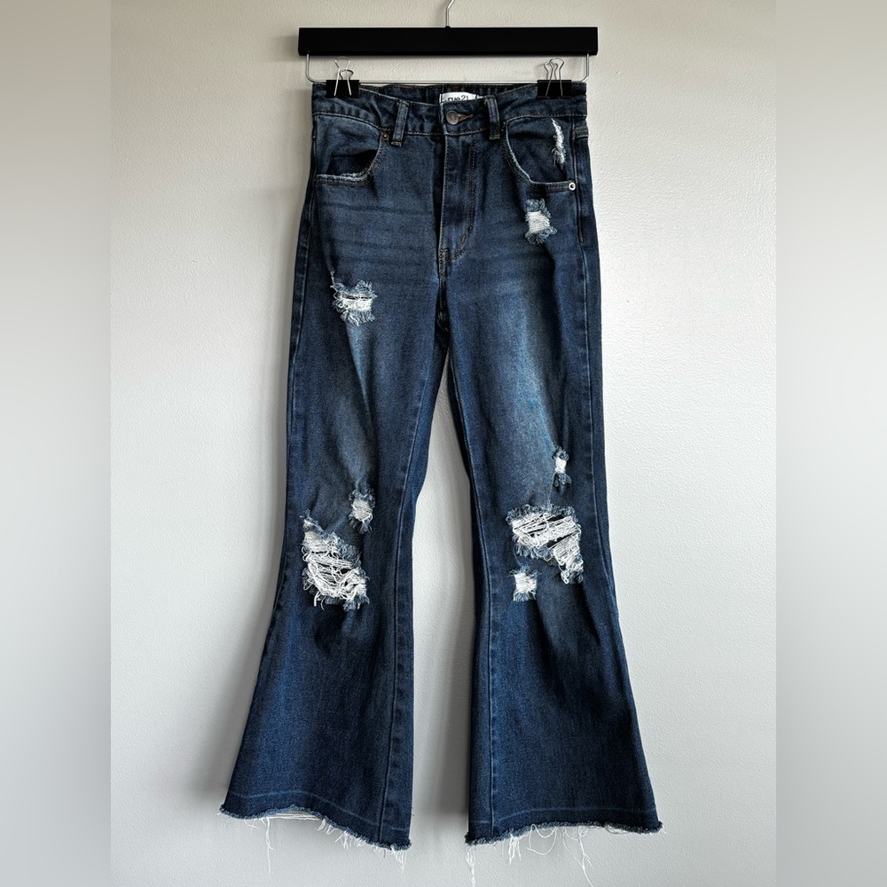Rue21 Distressed Flare Denim Blue Jeans Sz 0 Raw Hem Cotton Spandex